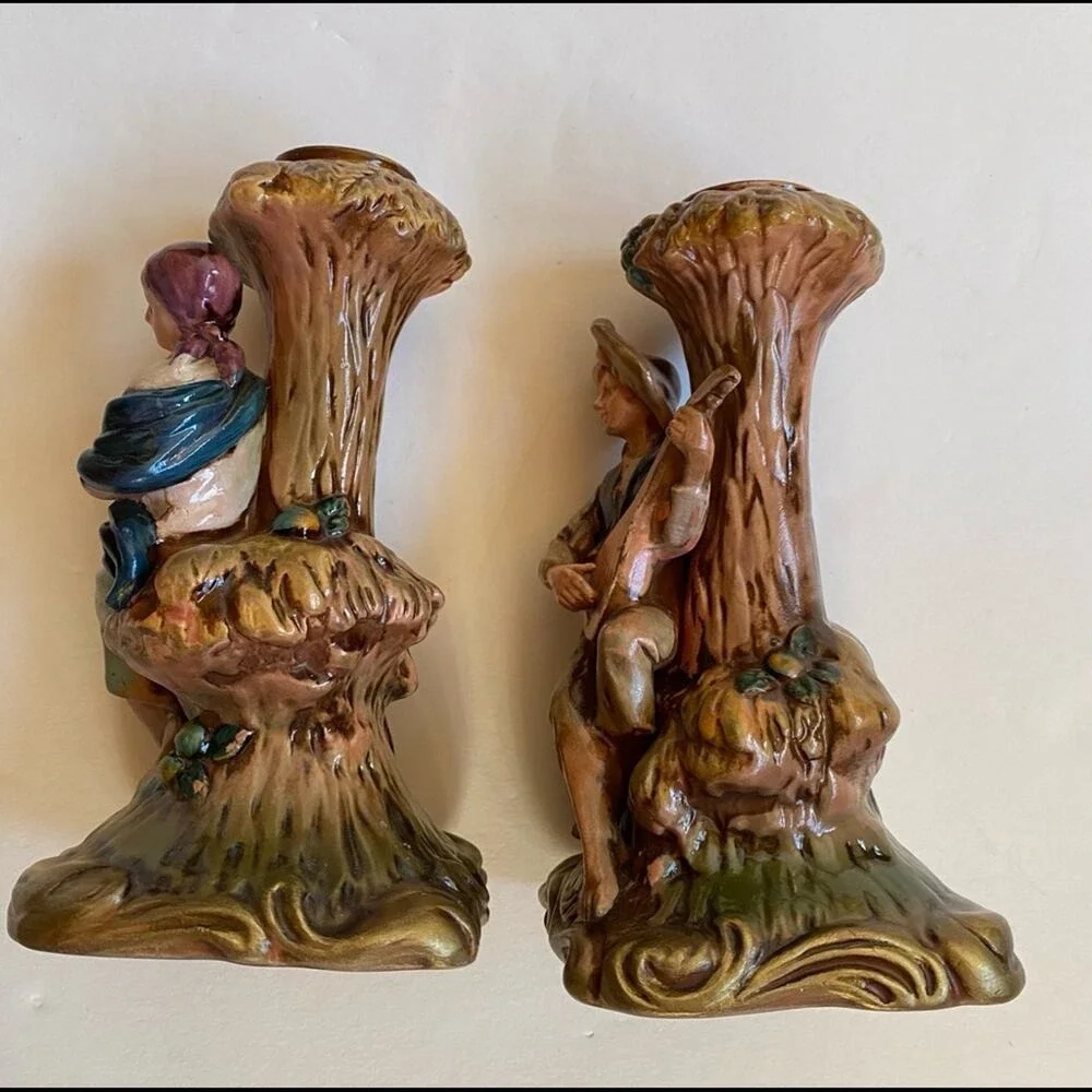 Arcadia Candle Holders Courting Couple Figural Set‎ - Hand-Painted 50s Giftware